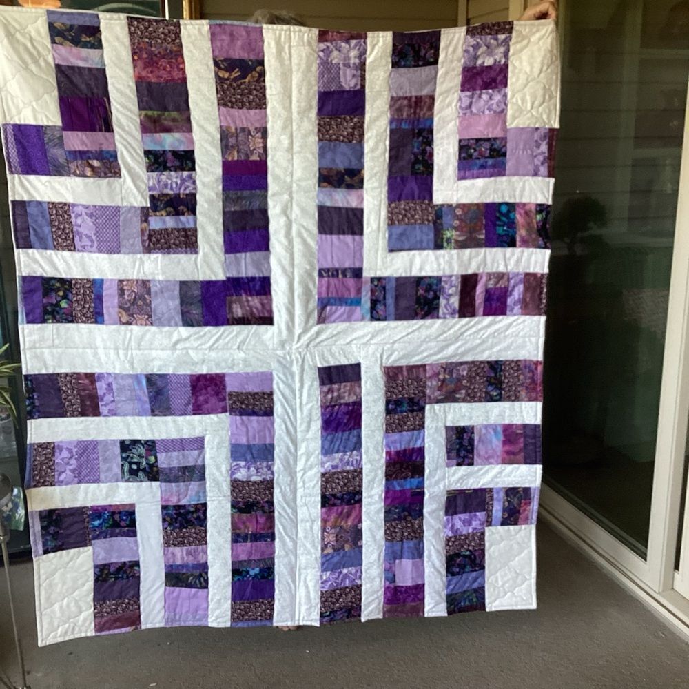 NWT. Hand Crafted Purples and White Patchwork Quilt